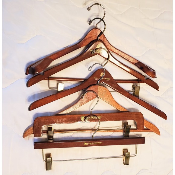 Clothes Horse Other - 6 Vtg Walnut Tone Wood Hangers 2 Suit w/Trouser Bar Jacket Pants Clothes Horse